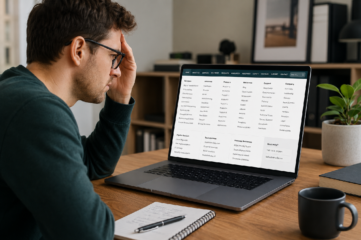 A confused user looking at a messy website menu.