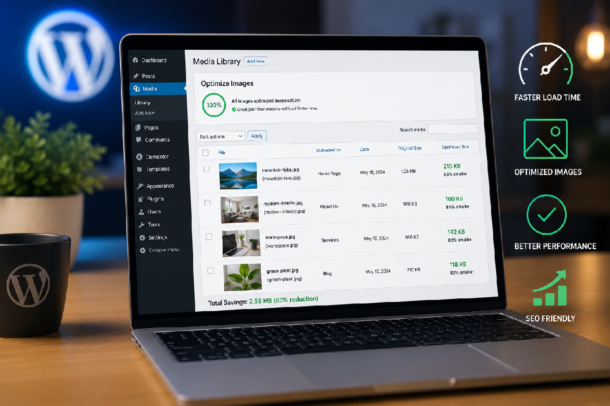 Optimizing WordPress images on a laptop screen.