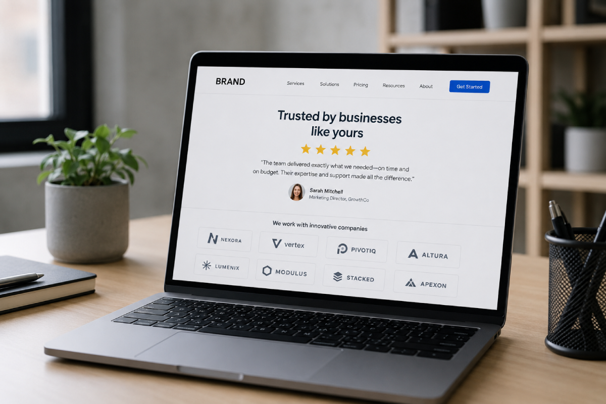 Website design showing five-star reviews and client logos.