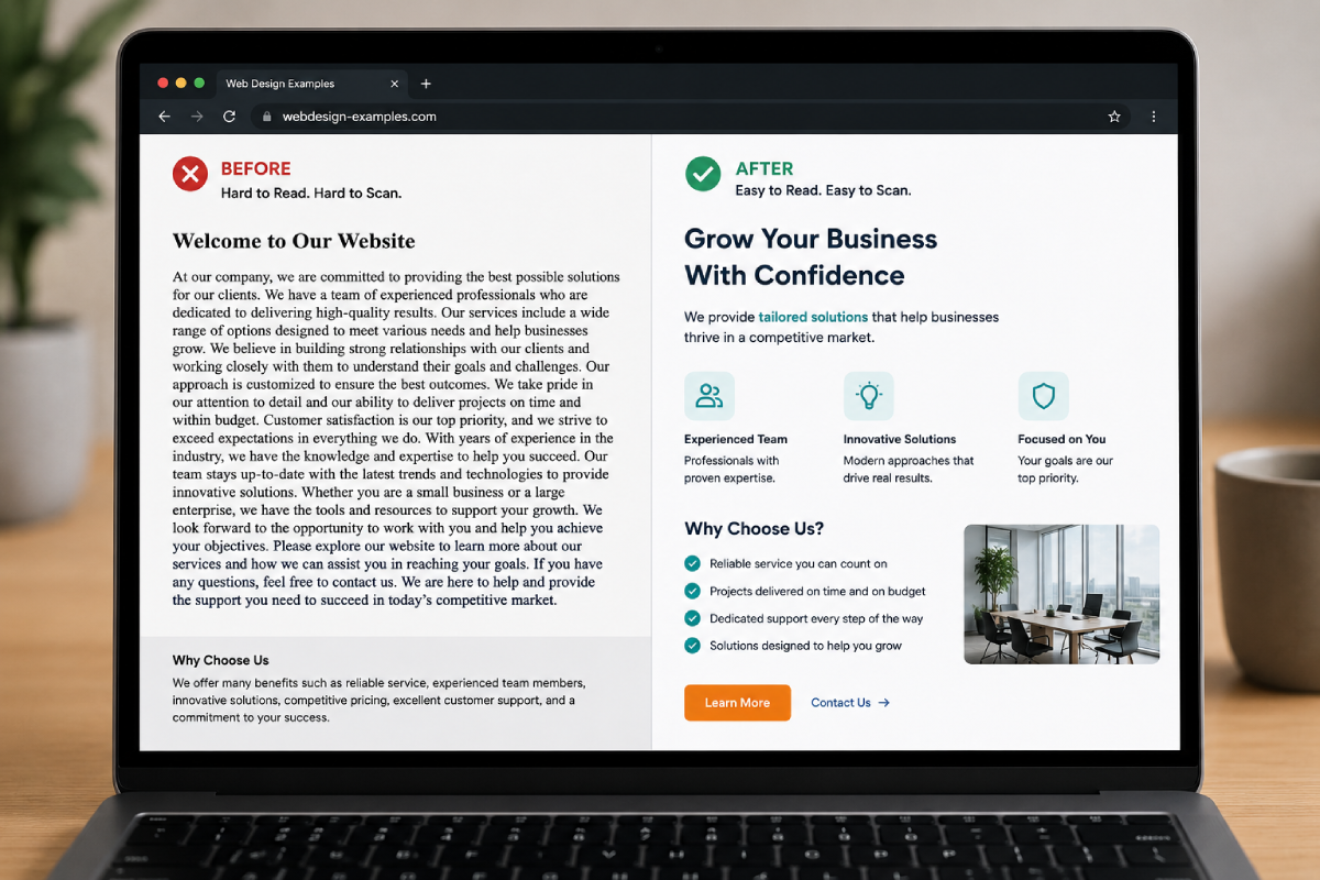 A website layout showing heavy blocks of text versus scannable bullet points.