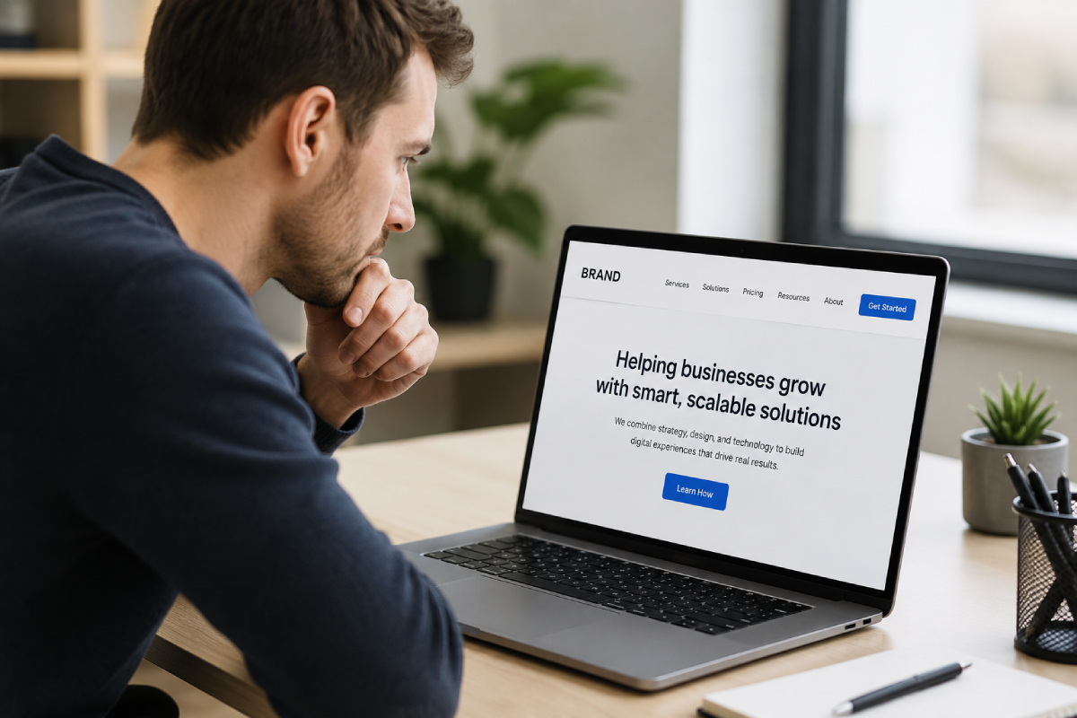 A person looking closely at a website header on a laptop.