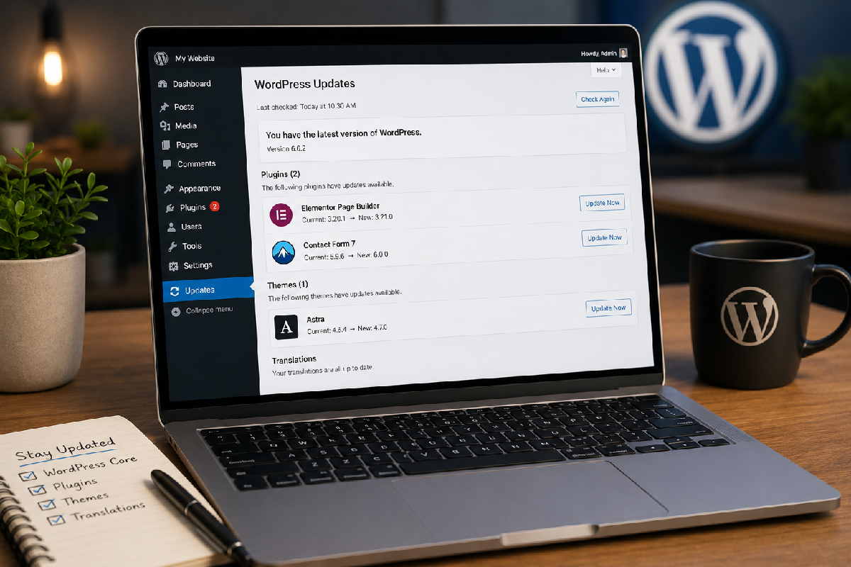 A laptop screen showing a list of pending WordPress plugin updates.